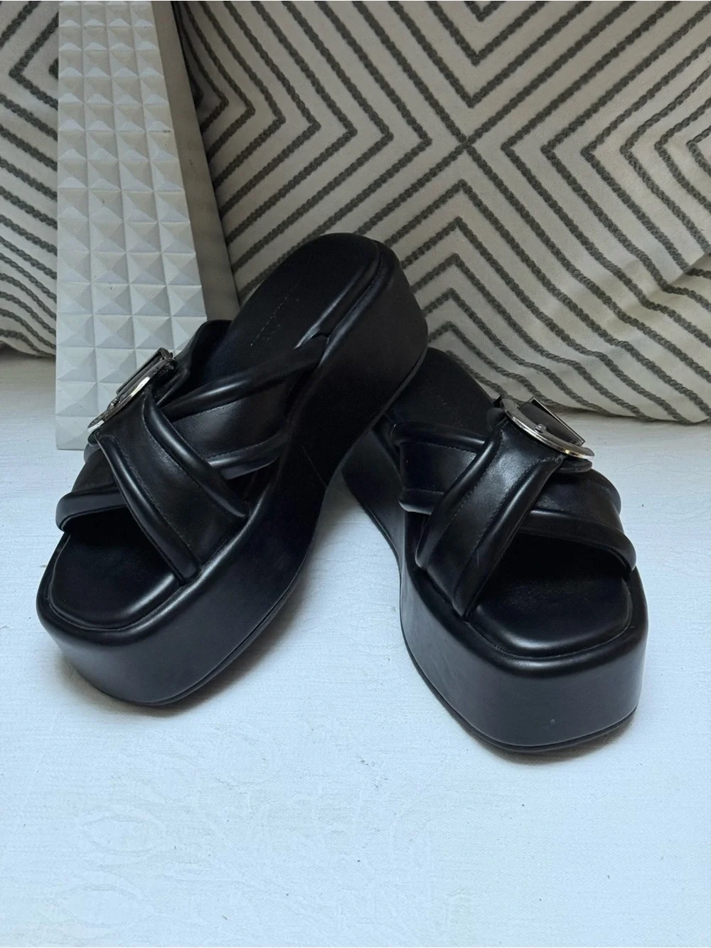 Steve Madden Black Crisscross Platform Slide Sandals with Silver Buckles